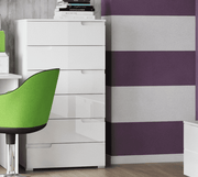 Modern white high gloss tall chest of drawers with 6 spacious drawers, sleek design, ideal for bedroom storage by Lavish Kitchen Isle