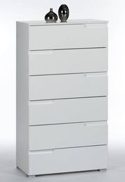 Modern white high gloss tall chest of drawers with six drawers from Lavish Kitchen Isle, ideal for bedroom storage.
