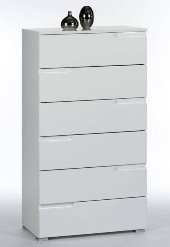 Arctic Elegance 6 Drawers Modern White High Gloss Tall Chest of Drawers 65cm Wide Bedroom Storage Unit