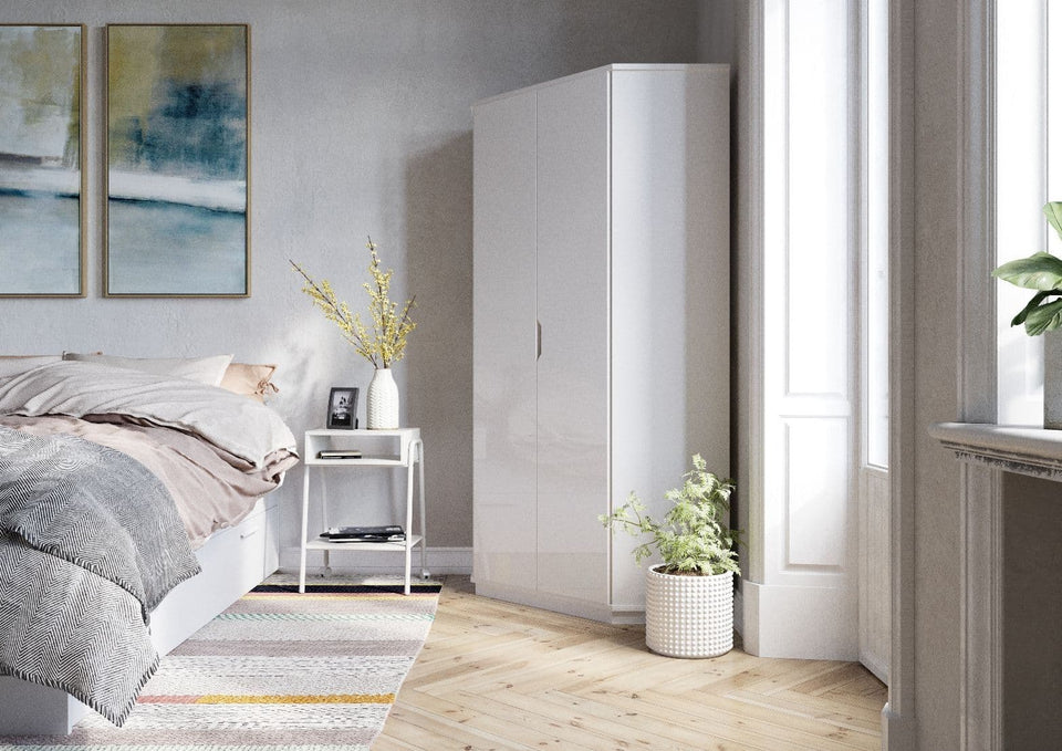 Arctic Elegance White High Gloss Corner Wardrobe with Hanging Rails and Shelving – Space-Saving Storage Solution for Compact Bedrooms