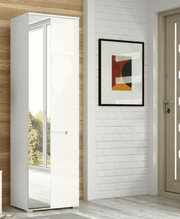 Lavish Kitchen Isle Arctic Elegance white gloss wardrobe with mirrored door, pullout rail, shelves, and drawers for slim storage.