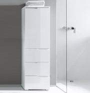 Lavish Kitchen Isle Arctic Elegance white gloss slim tallboy storage unit with 3 drawers, 1 cupboard, and internal shelf.