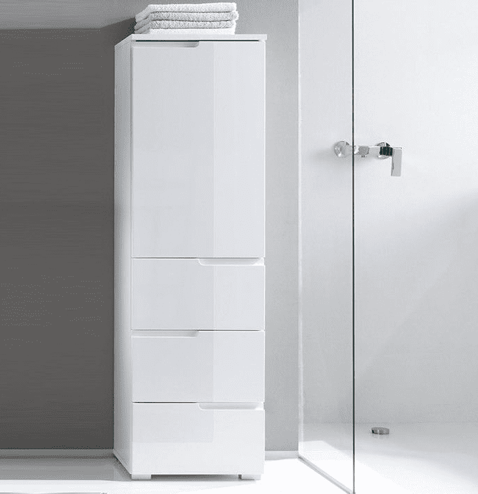 Arctic Elegance White Gloss Slim Tallboy Storage Unit 3 Drawer, 1 Door Cupboard with Internal Shelf