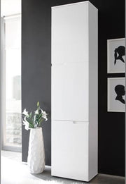 White gloss tall narrow bookcase with concealed storage doors, modern shelving for living room, office, or study.