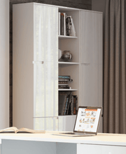 White gloss tall narrow bookcase with concealed storage doors, modern shelving from Lavish Kitchen Isle for living room or office.