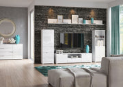 White high gloss TV stand cabinet with doors and drawer, modern entertainment storage by Lavish Kitchen Isle