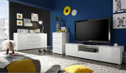 Lavish Kitchen Isle Arctic Elegance white high gloss wide sideboard with 4 drawers and 2 doors for living and dining room storage.