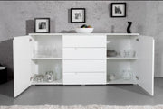 Lavish Kitchen Isle Arctic Elegance white high gloss wide sideboard with 4 drawers and 2 doors, modern storage for living and dining rooms