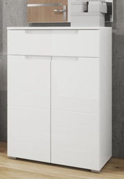 Lavish Kitchen Isle Arctic Elegance white high gloss tall sideboard cabinet with solid drawers and doors for living or dining room storage