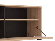 Modern wide TV stand cabinet in artisan oak finish with black accents, featuring slatted design, from Lavish Kitchen Isle.