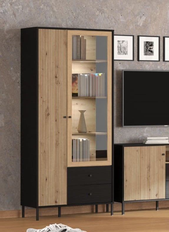 Liora Display Cabinet Storage Shelves Unit Slatted Artisan Oak Effect And Black Modern 86.5cm Wide Cupboard With Doors Living Dining Room Furniture