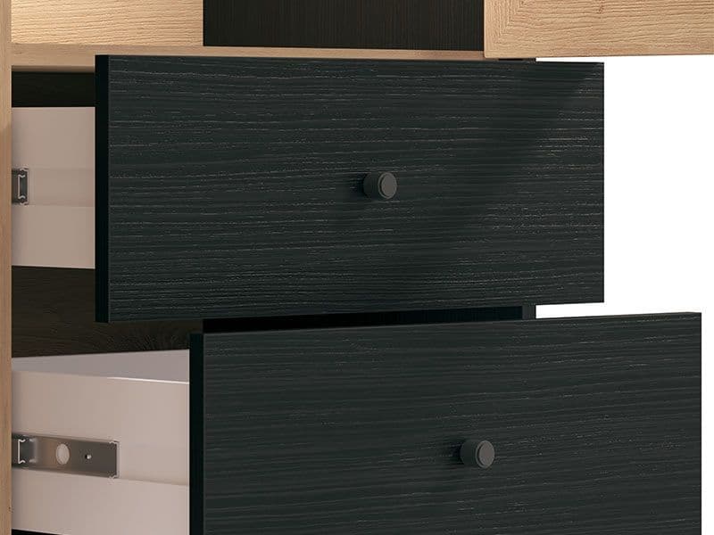 Liora Display Cabinet Storage Shelves Unit Slatted Artisan Oak Effect And Black Modern 86.5cm Wide Cupboard With Doors Living Dining Room Furniture