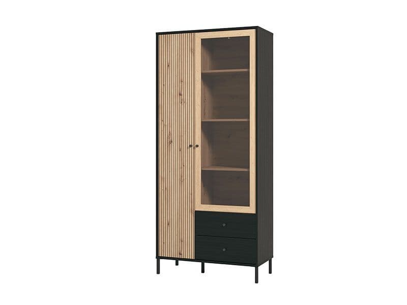 Liora Display Cabinet Storage Shelves Unit Slatted Artisan Oak Effect And Black Modern 86.5cm Wide Cupboard With Doors Living Dining Room Furniture