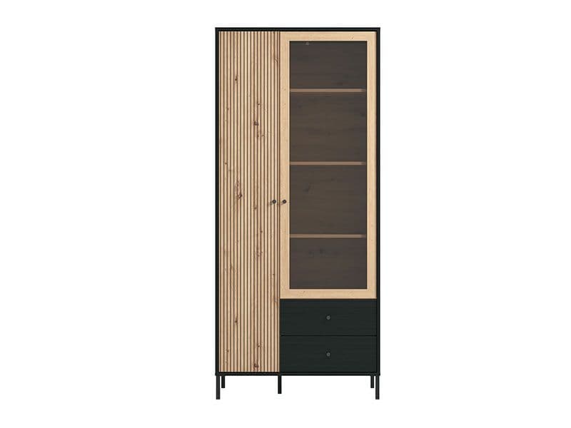 Liora Display Cabinet Storage Shelves Unit Slatted Artisan Oak Effect And Black Modern 86.5cm Wide Cupboard With Doors Living Dining Room Furniture