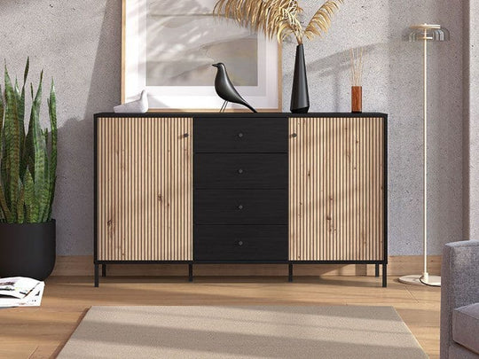 Slatted Artisan Oak Effect & Black Sideboard – 2 Door 4 Drawer Storage Cabinet