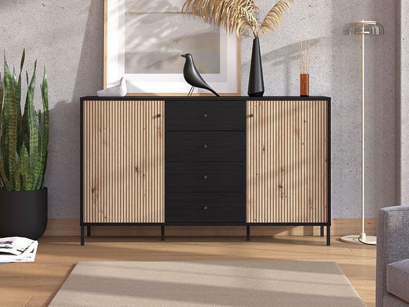 Slatted Sideboard  Artisan Oak Effect and Black with 2 Doors and 4 Drawers- W157cm