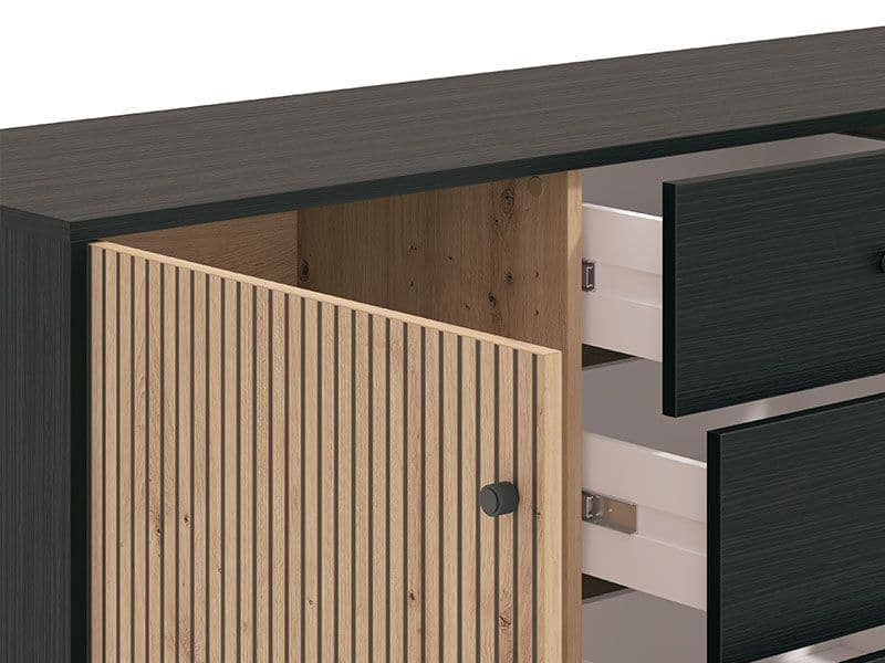 Slatted Sideboard  Artisan Oak Effect and Black with 2 Doors and 4 Drawers- W157cm