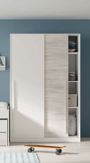 Arctic White and Oak effect sliding 2-door wardrobe by Lavish Kitchen Isle, compact bedroom storage with narrow design.