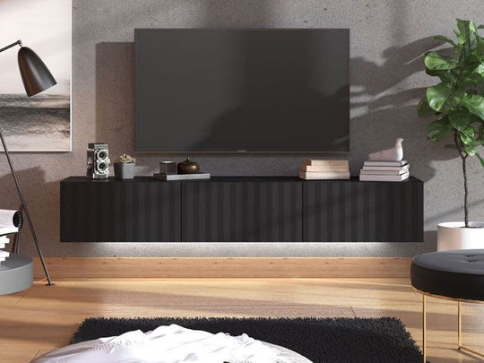 Modern Wall Mounted TV Stand in Black Slat Effect – 192 cm Floating Cabinet