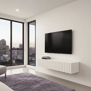 White slat-effect wall-mounted TV stand by Lavish Kitchen Isle, 154 cm floating cabinet for modern entertainment setup