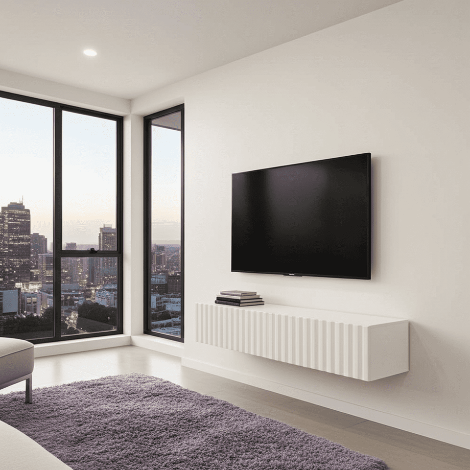 White slat-effect wall-mounted TV stand by Lavish Kitchen Isle, 154 cm floating cabinet for modern entertainment setup