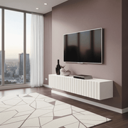 White slat effect modern wall-mounted TV stand by Lavish Kitchen Isle, 154 cm floating cabinet for small entertainment setup.