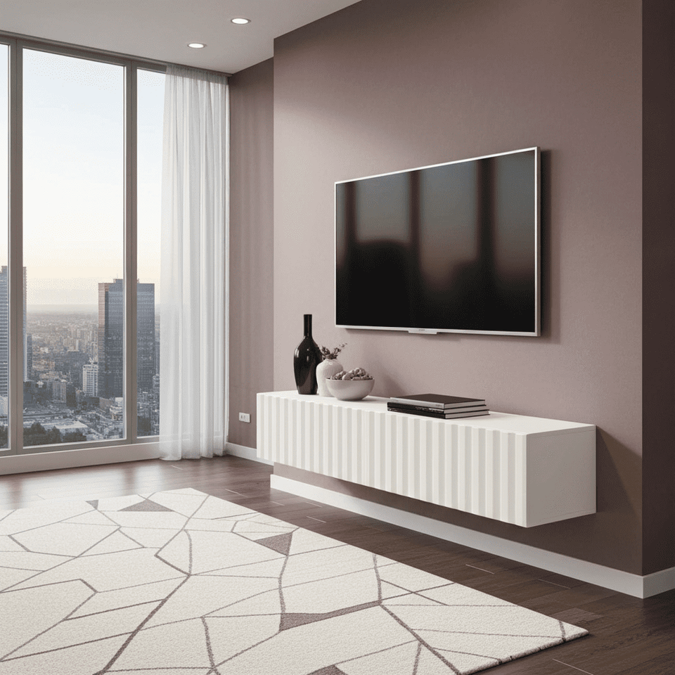 White slat effect modern wall-mounted TV stand by Lavish Kitchen Isle, 154 cm floating cabinet for small entertainment setup.
