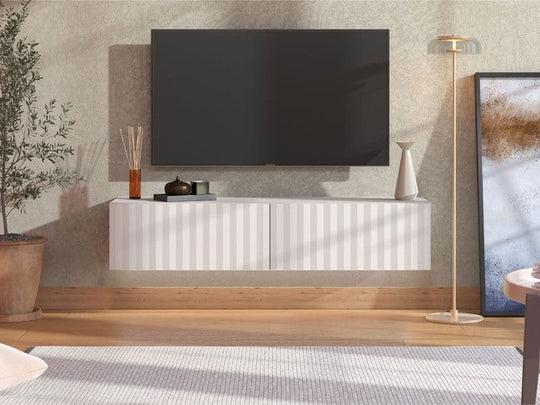 Modern Wall Mounted TV Stand in White Slat Effect – 154 cm Floating Cabinet
