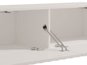 White wall-mounted TV stand with a modern slat effect, designed for 154 cm TV, featuring a sleek floating cabinet by Lavish Kitchen Isle.