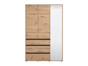 Artisan Oak three-door wardrobe with mirrored doors and storage drawers, part of Lavish Kitchen Isle bedroom furniture collection.
