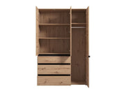 Lavish Kitchen Isle Artisan Oak three-door wardrobe with mirrored doors and storage drawers for bedroom furniture.