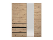 Artisan Oak four-door wardrobe by Lavish Kitchen Isle with mirrored doors, drawers, and shelving for bedroom storage.