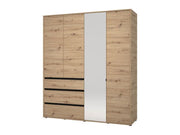 Lavish Kitchen Isle Artisan Oak four-door wardrobe with mirror, drawers, and shelving for bedroom storage.
