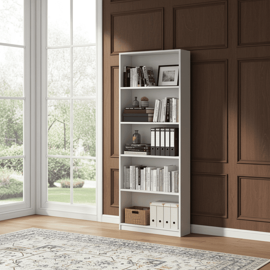 Ecoked Large Arctic White  Shelving Storage Bookcase Unit 5 Tier  Open Book Shelves for Modern Home or Office