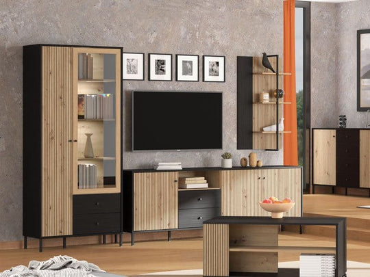 Slatted Oak and Black Tall Storage Cabinet with Drawers and Shelves