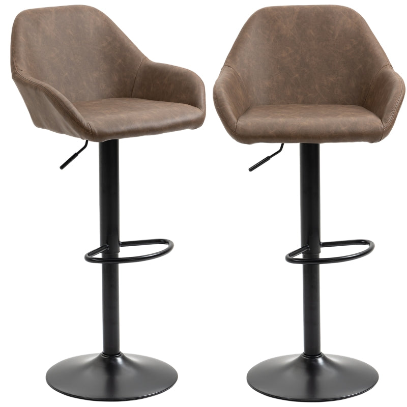 Set of 2 Adjustable Bar Stools Dark Brown Black PU Leather Swivel Breakfast Stools for Kitchen & Home Bar 360° Rotating Counter Stool