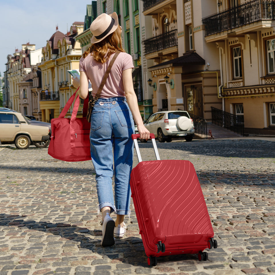4-Piece Luggage Set - Durable PP Suitcase with Travel Tote & Toiletry Kit (Rose Gold, Red, Grey)