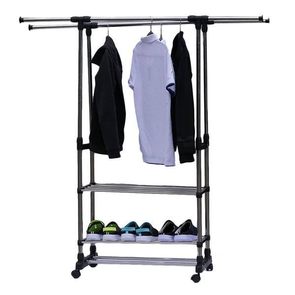 Dual Bars Horizontal & Vertical Telescope Style 3 Tiers Stainless Steel Clothing Garment Portable Wardrobe Shoe Rack B