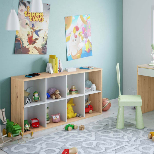 Arctic White & Oak 8-Tier Bookcase – Modern Storage Unit with Open Shelves