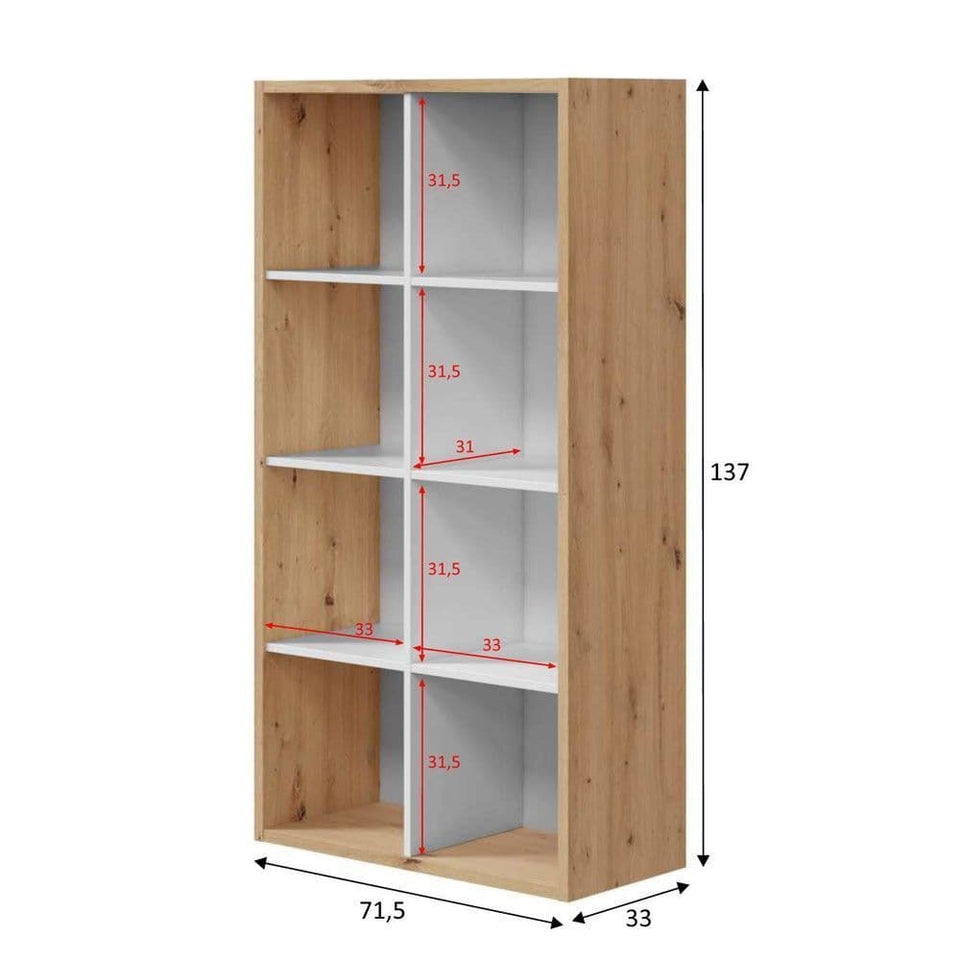 Arctic White and Oak Short 8-Tier Bookcase Unit for Shelving Storage in Living Room or Home Office Bookshelf Unit