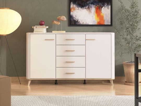 154cm Wide Sideboard Cabinet – Cashmere & Oak Effect, 2 Doors & 4 Drawers
