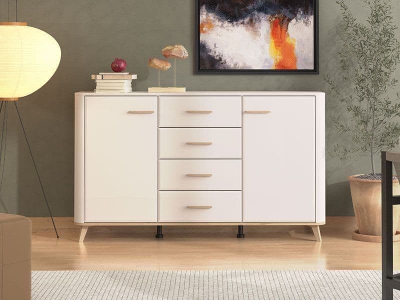 Kuri 154cm Sideboard Cabinet Storage 154cm Wide 2 Door 4 Drawer Unit  Cashmere and Oak Effect for Dining & Living Room