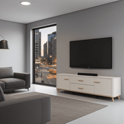 Lavish Kitchen Isle modern 180cm wide TV stand cabinet in cashmere and oak effect finish, with sleek storage compartments.