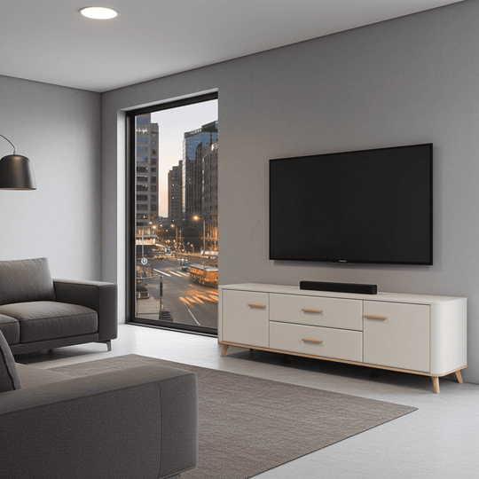 Modern 180cm Wide TV Stand Cabinet Unit – Cashmere & Oak Effect Finish