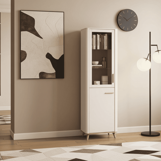 Tall Display Cabinet Storage Shelves Unit – Cashmere & Oak Effect