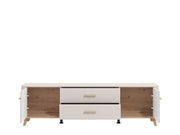 Modern 180cm wide TV stand cabinet in cashmere and oak effect finish by Lavish Kitchen Isle, with sleek storage compartments.