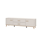 Lavish Kitchen Isle modern 180cm wide TV stand cabinet in cashmere and oak effect finish, with spacious storage compartments.