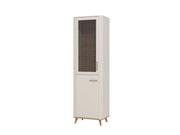 Lavish Kitchen Isle tall display cabinet with cashmere and oak effect, slim 2-door storage shelves unit for showcasing and storage.