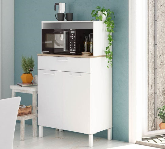 Ferese White Kitchen Cupboard Cabinet with Oak Effect Worktop Storage Unit with 2 Doors, 1 Drawer, and Microwave Hutch