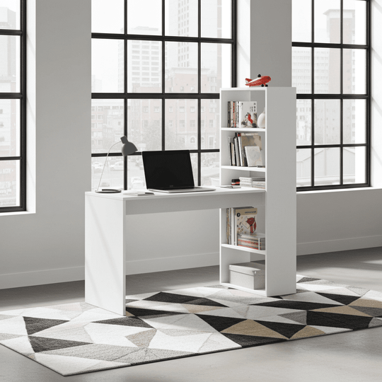 Orvara Double White and Grey Effect Computer Desk Table with Integrated Bookcase Home Office Study Desk for Laptop and Storage